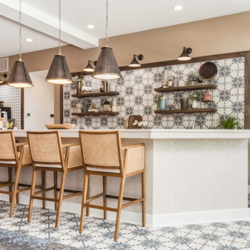 Clubhouse bar with island  Island with bar stools